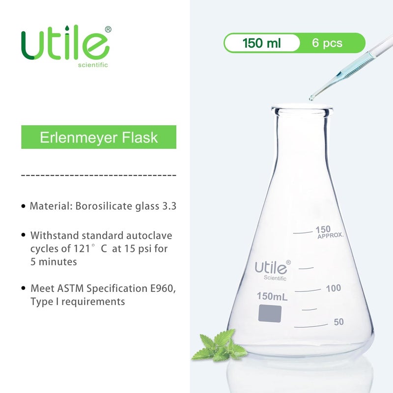 UTILE Erlenmeyer Glass Flask, 6pcs 150ml Glass Erlenmeyer Flask Set, Borosilicate 3.3 Glass Conical Flasks for Laboratory with Printed Graduation,4016.0150.6 - Image 3